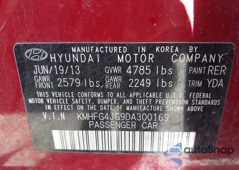 2013 Hyundai Azera из США, поврежденный, VIN KMHFG4JG9DA300169